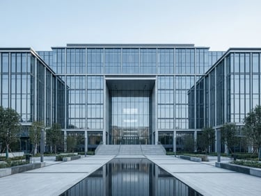 Symmetrical wide-angle architectural shot of a modern corporate headquarters facade, clean daylight, desaturated cool tones, medium format.
