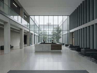 Wide-angle architectural shot of a modern minimalist corporate headquarters lobby, natural overcast daylight, desaturated cool tones, sharp contrast