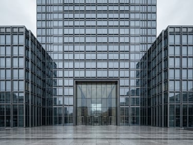 Symmetrical glass facade of a modern office building with a grand entrance and grid windows.
