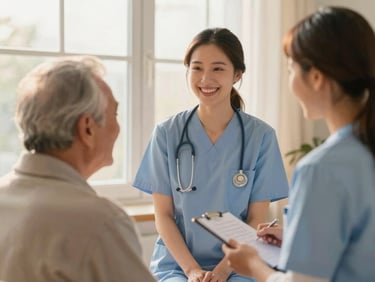 A friendly nurse sharing a warm laugh with an elderly man during a home health visit, soft golden-hour window light, comforting pastel tones, shallow depth of field