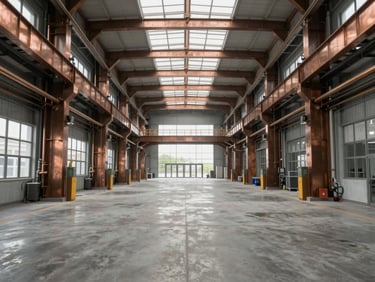 Symmetrical wide shot of a modern industrial facility interior, clean concrete floor, soft diffuse daylight from high windows, copper-toned structural elements.