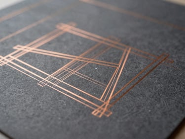 Abstract architectural blueprint close-up with precise copper lines on a graphite background, diffuse natural light, high-end technical design.