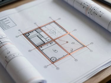 Extreme close-up of architectural blueprints with fine copper lines, technical diagrams, and structural calculations on a clean desk.