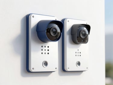 Sleek modern security cameras and neatly wired intercom panel on a clean wall, bright natural daylight, technical precision