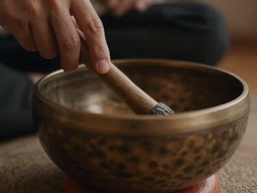 Macro close-up of a hand gently striking a hand-hammered Himalayan singing bowl, warm low-key light, raw bronze and sand tones.