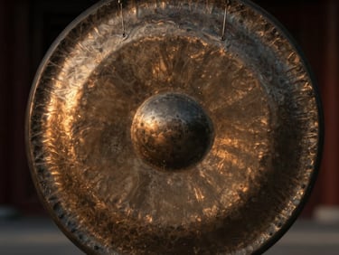 Close-up of a large, heavy bronze planetary gong reflecting soft golden-hour light, shallow depth of field, rich earthy tones.