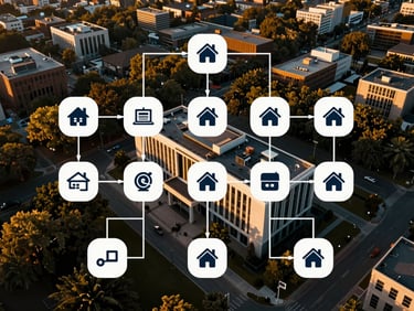 Flowchart diagram of a digital marketing sales funnel with real estate icons, clean modern UI, deep contrast