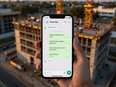 Mobile screen displaying a WhatsApp chat with automated lead nurturing messages, blurred background of a construction site, focused close-up