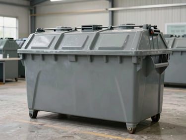 Structured waste sorting containers inside a clean corporate facility, bright neutral daylight.