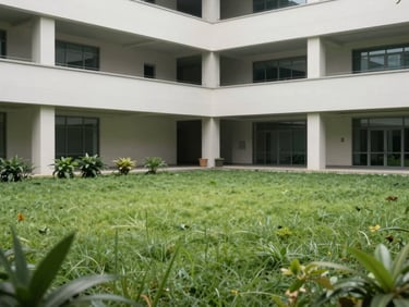 Manicured green office courtyard, clean architectural lines, bright neutral daylight.