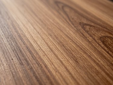 Extreme close-up of hand-scraped solid hardwood planks in warm walnut tone, north-facing daylight catching the grain ridges, tight horizontal crop, no people