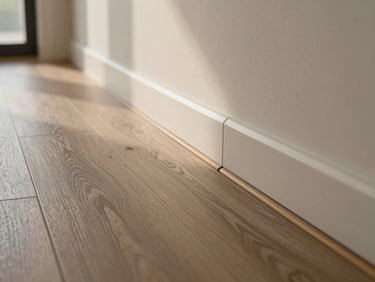 Close-up of luxury vinyl plank flooring edge transition meeting a carpet threshold in a hallway, soft afternoon light from a side window, clean seam detail, no people