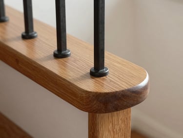 Detail shot of a custom wood stair tread meeting a dark iron railing post, warm oak grain visible on the tread nose, natural daylight from above, tight in-situ framing, no people