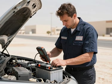 A certified technician in a clean uniform using a digital diagnostic tester on a car battery under the bright Dubai sun