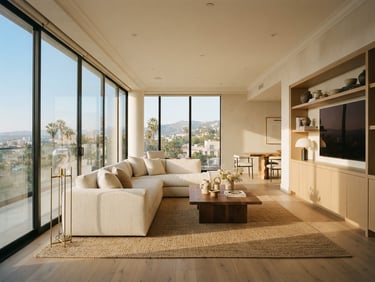 Cinematic slow panning video of a luxury modern apartment living room, warm California sunlight streaming through floor-to-ceiling windows, flawless neutral finishes, 35mm lens