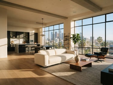 Cinematic wide-angle panning shot of a minimalist luxury apartment interior in Los Angeles, warm natural sunlight pouring through large floor-to-ceiling windows, flawless matte paint and pristine hardwood floors, 35mm lens.