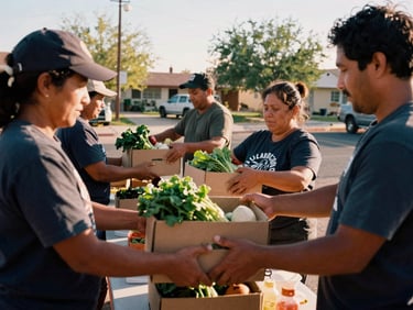 Warm daylight documentary shot of hands distributing fresh produce boxes to community members in a North Las Vegas neighborhood, natural golden-hour daylight, 35mm film look.