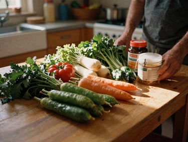 Authentic documentary photo of fresh vegetables and pantry staples on a kitchen table, warm natural light