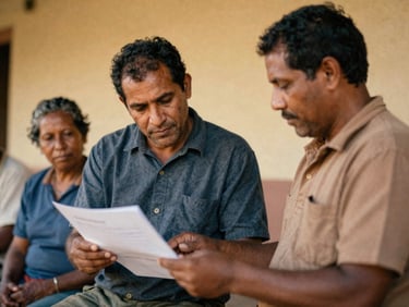 Warm documentary photo of a community leader and resident reviewing paperwork together, authentic connection