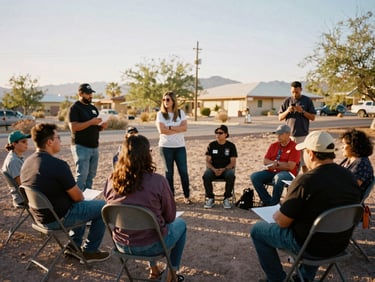 A warm documentary photograph of community leaders planning an initiative in North Las Vegas, natural golden-hour daylight, 35mm film look