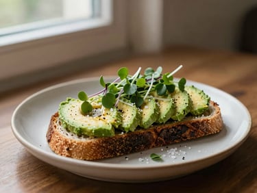Avocado toast on sourdough bread, topped with microgreens and sea salt, served on a ceramic plate, 35mm