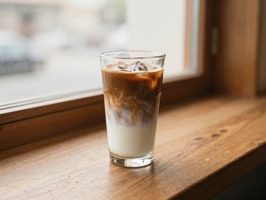 A tall glass of cold brew coffee with milk swirling in, condensation on the glass, warm wooden counter, 35mm