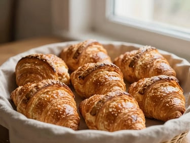 A basket of fresh, flaky golden croissants on a linen cloth, soft morning light, warm bakery setting, 35mm