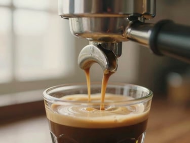 Close-up of a double-shot espresso being pulled from a portafilter, rich golden crema, warm morning light, 35mm