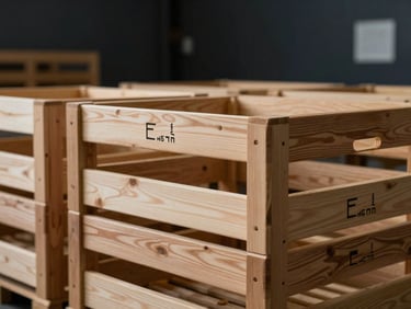 Clean wooden shipping crates with minimalist branding in a modern, well-lit export warehouse, 35mm