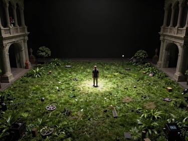 Wide environmental shot of a fully produced scene set inside a darkened studio, elaborate backdrop construction visible at the edges, a single figure posed at center under a tight spotlight, scale of production evident in the frame