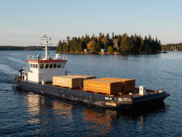 Heavy-duty construction barge approaching a remote Muskoka island property, materials secured on deck, clear blue water.