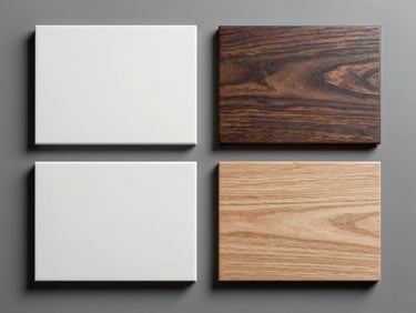 Flat-lay of four material finish samples — matte white, dark walnut veneer, anthracite lacquer, and light oak — arranged in a grid on a cool grey surface, studio overhead lighting revealing texture and edge detail
