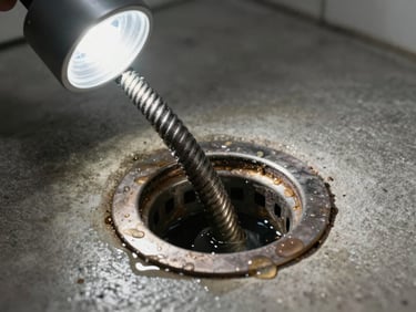 Tight shot of a drain snake being fed into a clogged bathroom floor drain, water pooling around the drain rim, overhead work lamp casting sharp light, concrete floor visible, no staging