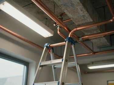 Environmental shot of a plumber routing new copper supply lines through an open commercial utility room ceiling, ladder in frame, daylight from a high window mixing with fluorescent work lighting, pipes and fittings clearly visible