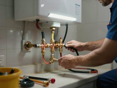 Wide shot of a plumber connecting the supply lines on a newly installed tank water heater in a basement utility room, copper fittings gleaming under overhead fluorescent light, tools arranged on the floor beside the unit
