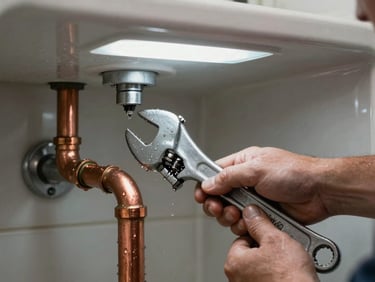Close-up of a plumber's hands gripping a pipe wrench on a burst copper pipe under a sink, water droplets visible on the pipe surface, practical fluorescent work lighting, neutral cool tones