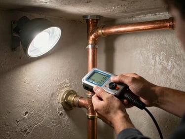 Plumber pressing an electronic leak detector against a wall-mounted copper pipe in a basement, practical tungsten work lamp illuminating the pipe and surrounding drywall, focused tight framing