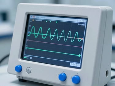 Macro close-up of a digital calibration screen displaying precise voltage waveforms, sterile blue indicator lights, clinical laboratory setting
