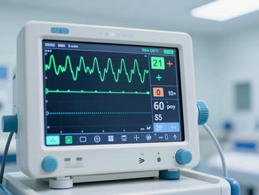 Close-up of a clinical ventilator screen displaying glowing green waveforms under cool daylight, sterile medical environment.