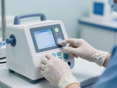 Hands in sterile gloves adjusting a digital infusion pump interface, bright clinical lighting, sharp focus.