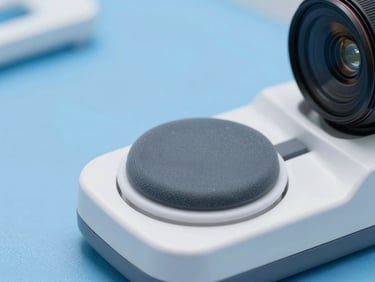 Close-up of a professional defibrillator paddle resting on its docking station, clean clinical blue background, commercial lens.