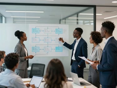 A collaborative workshop in a modern African corporate office, diverse professionals analyzing data flowcharts on a glass wall, soft cool-toned ambient light