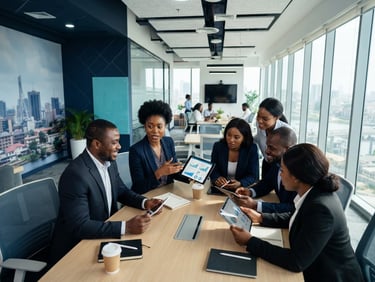 High-angle shot of a clean modern corporate office in Lagos, professional African executives discussing data on tablet screens, bright daylight, navy and cyan accents.