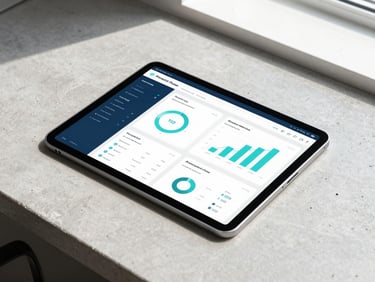 A high-angle shot of a modern tablet displaying data visualization dashboards, resting on a clean concrete office desk, bright natural daylight, cyan tones.