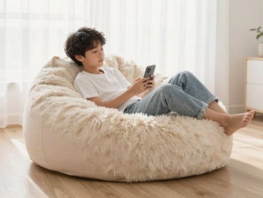 Teen relaxing on a faux fur bean lounger in a brightly lit room, soft diffused daylight, clean modern styling
