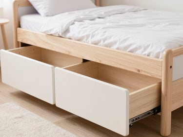 Styled teen bedroom with a pastel wood storage bed, drawers open, bright diffused daylight, clean modern styling