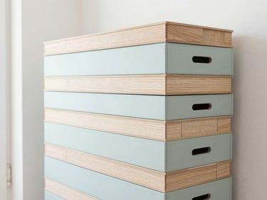 A stack of neatly packed flat-pack furniture boxes in a bright, modern entryway, soft diffused daylight, pastel and light wood tones, clean modern styling, 35mm lens