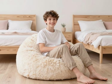 A teen happily sitting on a faux fur bean lounger in a styled bedroom, soft diffused daylight, pastel and light wood tones, clean modern styling, 35mm lens