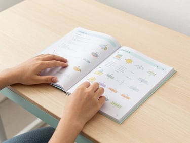 Hands (teen and adult) assembling a pastel wood desk with a clear, illustrated instruction manual open, soft diffused daylight, pastel and light wood tones, clean modern styling, 35mm lens