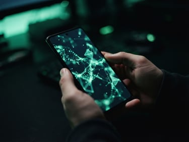 Moody close-up of a physical Android device displaying fluid UI animations with sharp focus on the mobile screen, low-key ambient light with electric green accents, 35mm